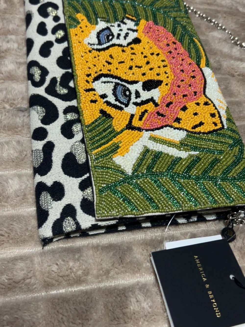NWT America & Beyond Beaded Leopard Clutch with silver strap